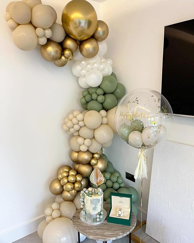 Sage Green Gold Latex Balloons, 50pcs 12 Inches Sage green Sand White Metallic Gold Confetti Balloons with 1 Ribbon for Baby Shower, Wedding, Birthday Party Decorations