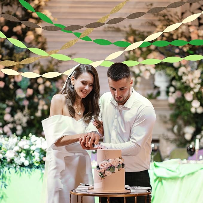 5 Rolls Green & Gold Crepe Paper Streamers, Crepe Paper Craft for Wedding Baby Shower Birthday Bridal Party Engagement Decorations Supplies
