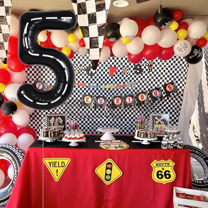 TONIFUL Race Car Black Balloons Car Birthday Party Supplies,40 Inch Giant Jumbo Helium Foil Mylar Big Number 5 Digital 5 Balloons for Boy's Birthday Party Truck Race Car Theme Party Decorations