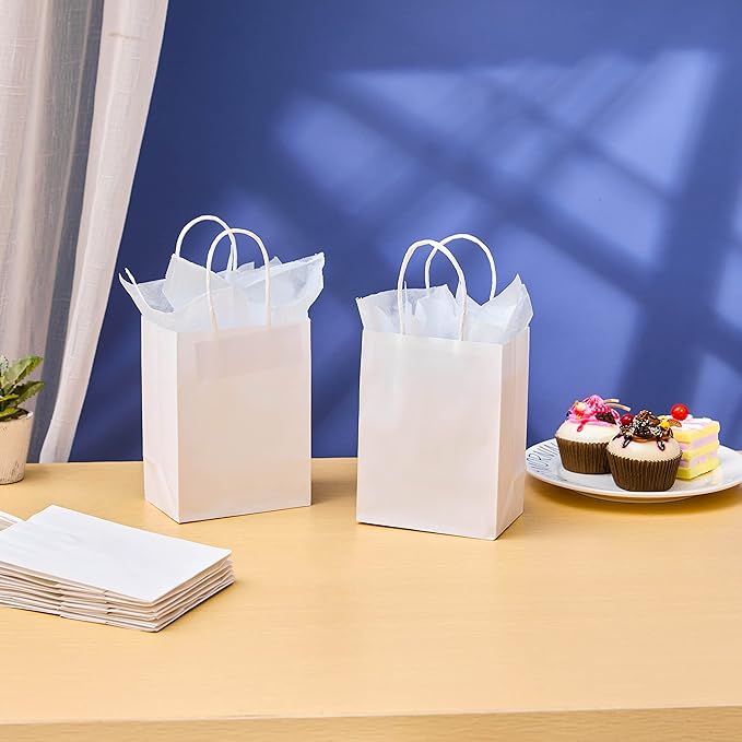 SUNCOLOR 25 Pieces 6 Inch Mini Goodie Bags Small White Gift Bags with Handles for Party Favors, Birthday Treats, and Weddings