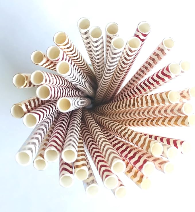 100 pcs Mixed Colorful Party Paper Straws, Shiny Colored Golden Red Rose Gold Silver Foil Wave Zig Zag Drinking Straws Bulk, Juice Bar Holiday Birthday Wedding Cake Pop Sticks (Metallic Chevron 01)