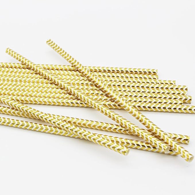 Metallic Gold Chevron Drinking Paper Straws for Valentine's Day Wedding Party Biodegradable Straw Box of 100