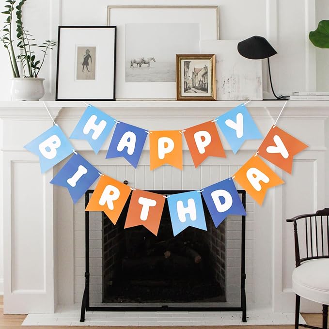Happy Birthday Banner Birthday Party Banner NO DIY Happy Birthday Sign Pre-Strung Birthday Hanging Decoration for Women Men Girl Boy Party Supplies (Blue and Orange)