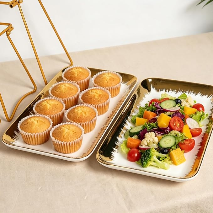 HAPPY KIT 3 Tier Serving Tray Set with Gold Freely Combinable Rack,12 Inch Tiered Tray Stand,Widened Porcelain Platters,Cupcake Stand Collapsible,Gold-Rimmed