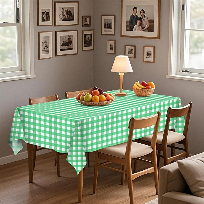 8 Pack Plastic Tablecloth 54" x 108" Disposable Table Cloths for 6 to 8 Foot Tables Rectangle Table Cover for Parties (Green Checkered, Rectangle)
