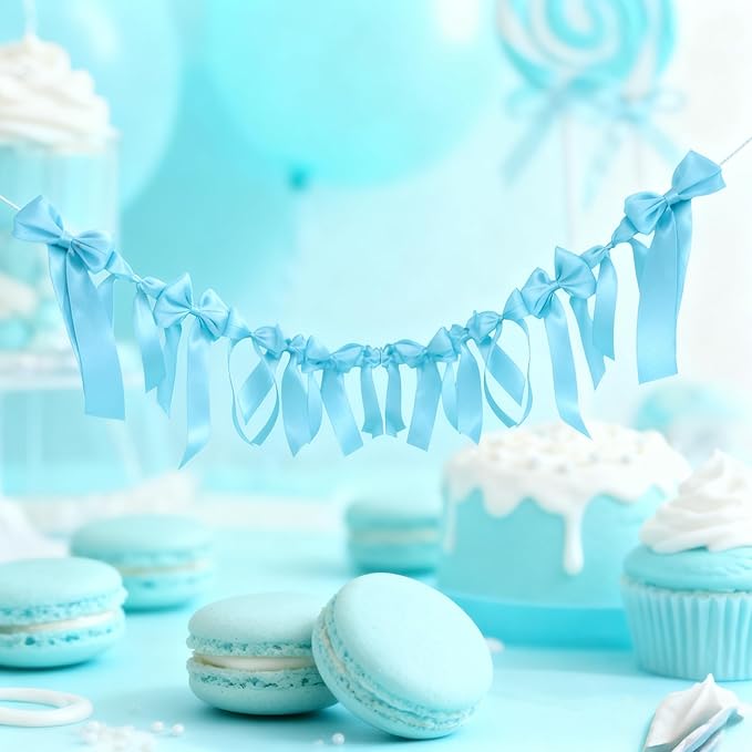 Baby Blue Satin Bow Garland Banner Coquette Bachelorette Party Decor,Bridal Shower Backdrop,Wedding & Engagement Party Supplies,Birthday Decoration,Photo Booth Props(Baby Blue)