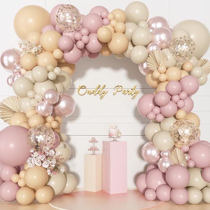 Ouddy Party Boho Dusty Pink Balloons Garland Arch Kit, Different Sizes 18 12 10 5 Inch Pastel Pink Sand White Pearl Latex Confetti Balloon for Baby Bridal Shower Birthday Women Girls Party Decorations
