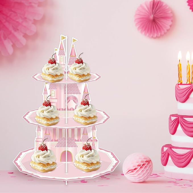 KALEFO Princess Party Supplies 3 Tier Cupcake Stand Birthday Decorations Pink Castle Cake Treat Table Decor(Princess)