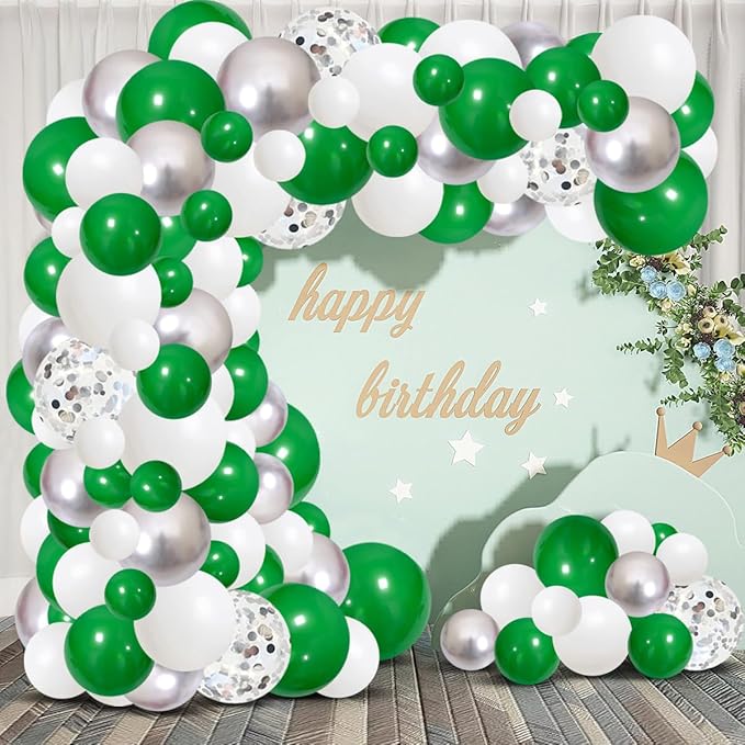 Green White Silver Balloon Arch Garland Kit - 122PCS Green White Balloons Metallic Silver Balloons St. Patrick's Balloons for Green Birthday Baby Shower Wedding Retirement Graduation Party Decorations