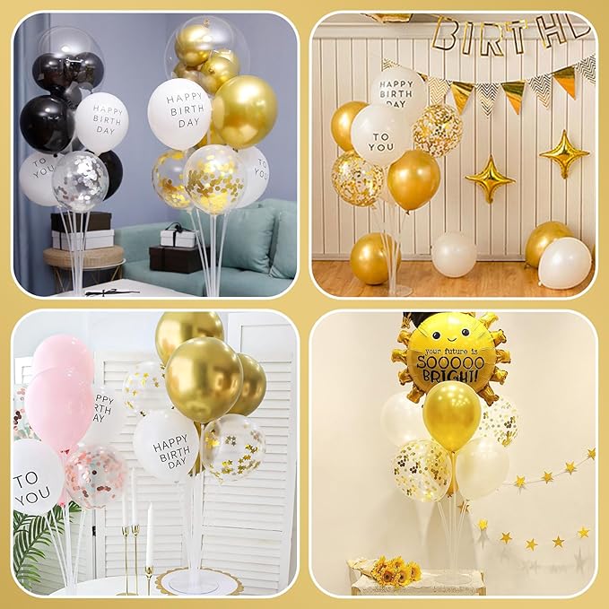 Voircoloria 6 Sets Balloon Stand Kits, Balloon Sticks with Base for Table Centerpieces Graduation Birthday Baby Shower Gender Reveal Party Decorations(White&Gold)