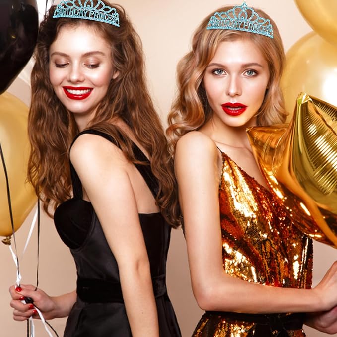 CAVETEE Princess Crowns and Sashes for Girls & Women - Birthday Party Decorations Set