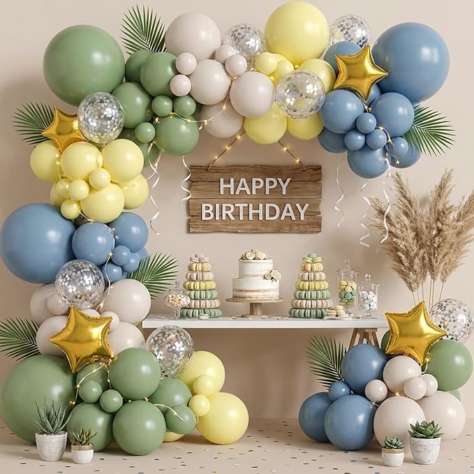 RUBFAC Sage Green Dusty Blue Yellow Balloons, Party Balloon Pastel Yellow for Theme Baby Shower Decorations Birthday Wedding Party Supplies, 65pcs 12 Inches