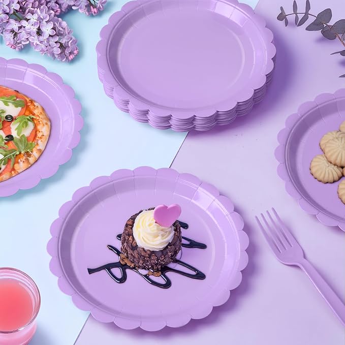 105PCS Paper Plates and Napkins Set, 7 Inch Scalloped Disposable Tableware with Forks for Birthdays, Garden Parties & Outdoor Events, Serves 35 (Light Purple)