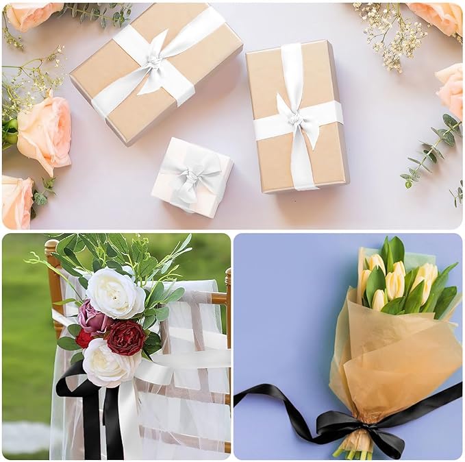 2 Rolls Black & White Ribbon - 1 Inch X 50 Yards - Silk Satin Ribbon for Bouquet, Arrangement & Halloween Decorations