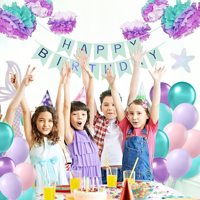 BAUANOOY Mermaid Balloons, 60pcs 12 Inch Pink Metallic Purple Green Blue Latex Balloons for Little Mermaid Birthday Decorations, Baby Shower, Under the Sea Party Decorations