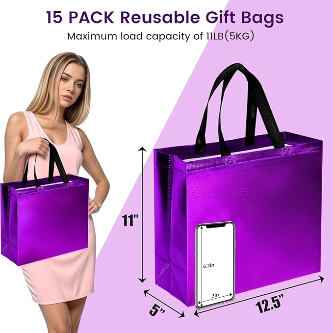 VGOODALL 15 Pack Purple Gift Bags with Handles, 12.6" x 5" x 11" Large Reusable Party Favor Bags Bulk for Birthday Wedding Party