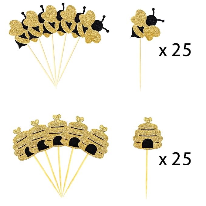 50 Pieces Bee Toothpicks Bulk Bee Cupcake Toppers Glitter Bee Cake Picks Decorations for Birthday Party Favors Supplies