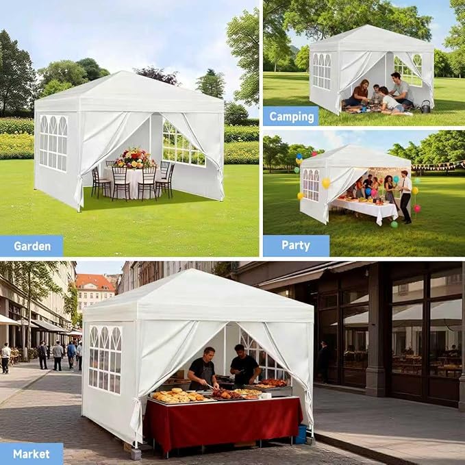 10X10FT White Pop Up Canopy Party Tent, Outdoor Commercial Instant Gazebo with 4 Removable Sidewalls for Events, Wedding, Backyard, Patio, Easy Set Up Sun Shade with Carrying Bag