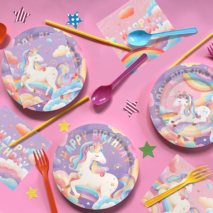 Unicorn Party Supplies Set for 16 - Unicorn Birthday Decorations with Dinner & Dessert Plates, Napkins - Ideal birthday Party Favors & Decor Kit
