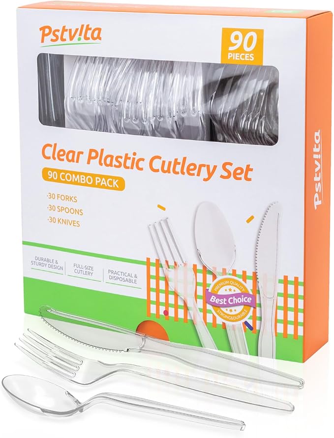 Heavy Duty Plastic Silverware - Clear Utensils Disposable Cutlery Set Pack of 90-30 Forks 30 Spoons 30 Knives