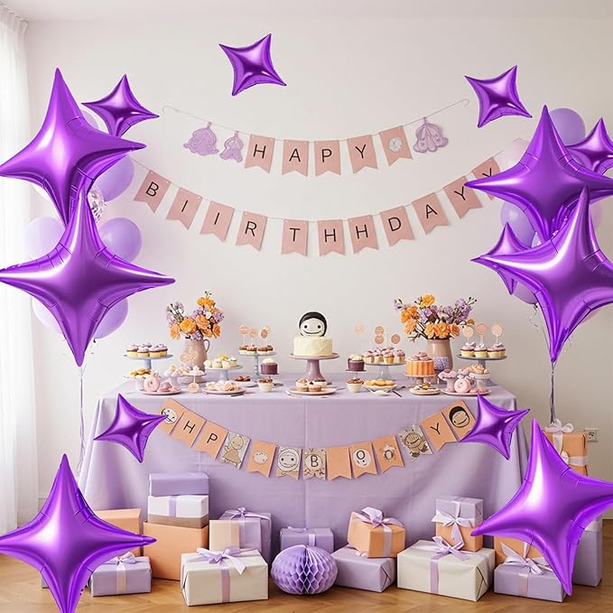 TONIFUL 30Pcs 26In&10In Star Balloons Purple Four Pointed Foil Star Mylar Balloons for New Year Halloween Chrismas Birthday Wedding Anniversary Engagement Party