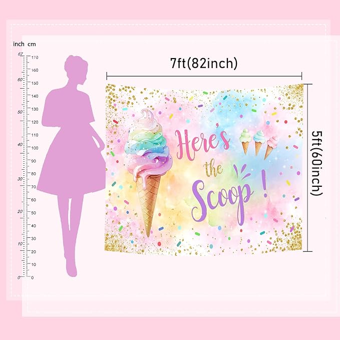 Mocsicka Here's The Scoop Backdrop Summer Sweet Ice Cream Theme Birthday Party Decorations for Grils Ice Cream Cake Table Banner Photography Background (Pastel, 10x7ft(120"x82"))