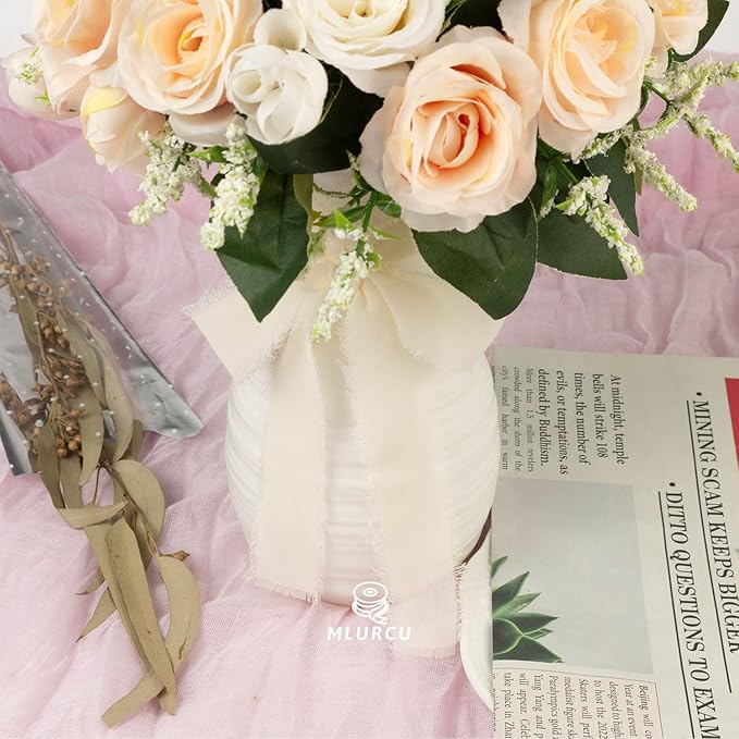 Cream Chiffon Ribbon - 1 Inch x 21 Yards Handmade Fringe Silk Ribbon for Boho Wedding, Gift Wrapping & Flower Bouquets