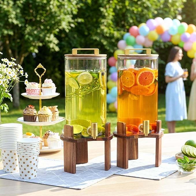 2 PCS 1.5 Gallon Glass Drink Dispenser, Beverage Dispenser With Wood Stand, Lid and Stainless Steel Spigot, Large Water Dispenser for Parties, Perfect for Lemonade, Juice, Tea and Daily Drinks