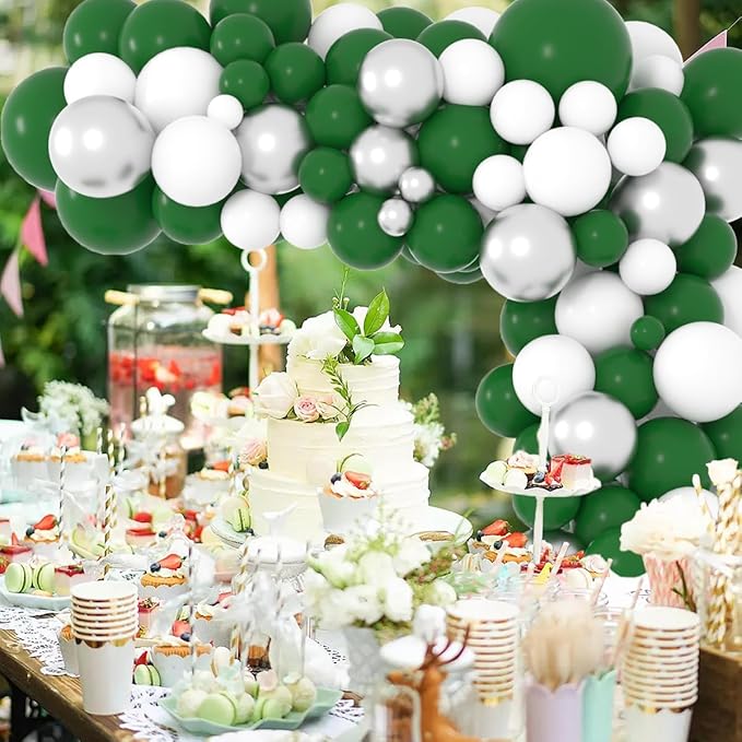 Dark Green White Silver Balloon Arch Garland Kit - Forest Green White Balloon Arch Metallic Silver Balloon for Wedding Engagement Graduation Retirement Birthday Party Decorations