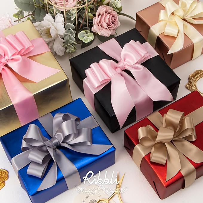 Ribbli Silver Double Faced Satin Ribbon,1” x Continuous 25 Yards,Use for Bows Bouquet,Gift Wrapping,Baby Shower,Floral Arrangement