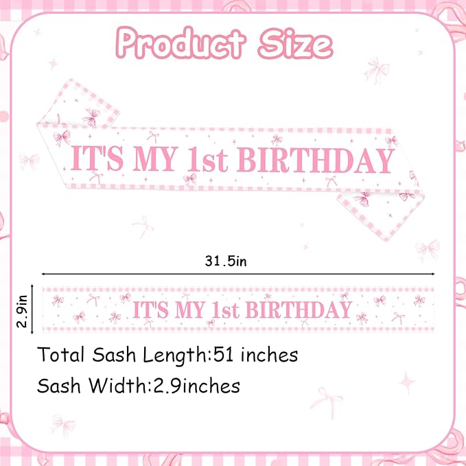 Pink Bow 1st Birthday Party Decoration It's My 1st Birthday Sash for Girl Happy 1 Year Old Birthday Sashes for Baby Girls Daughters Happy 1 Bday Party Favor Supplies Photo Props