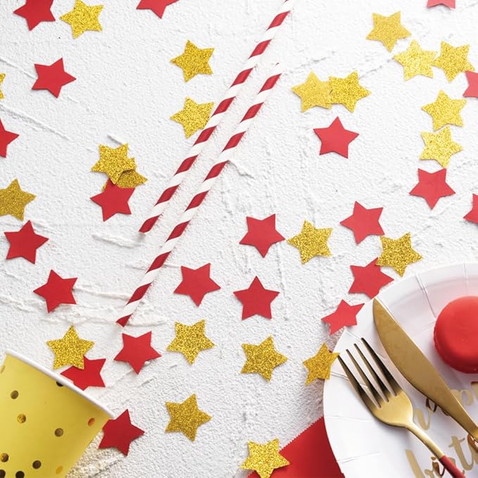 MOWO Gold and Red Star Confetti Table Decoration for Birthday Graduation New Year's Retirement Bachelor Theme Party,1.2 inch in Diameter,200 Counts