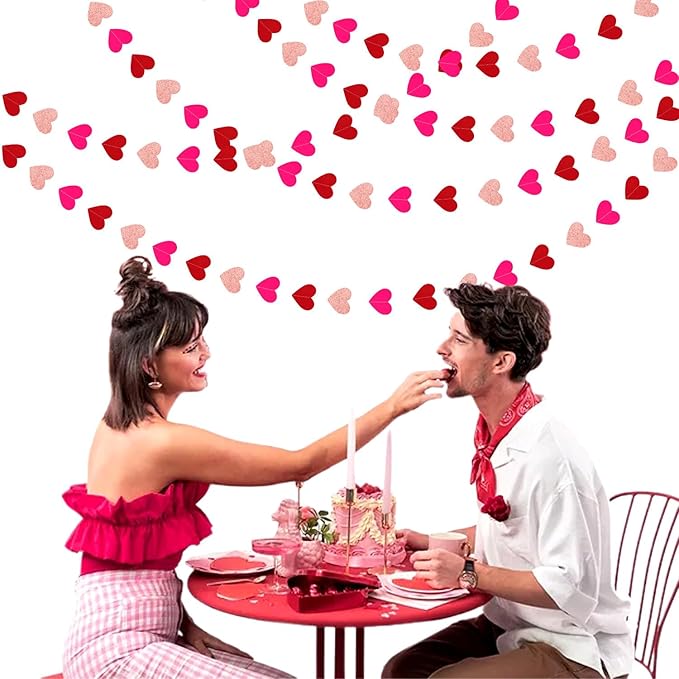Rose-Gold Red Valentines Party-Decorations Heart-Garland - 52ft Galentines Glitter Streamers Banner,Women Romantic Special Night Wedding Bachelorette Bridal Shower Birthday Backdrop Decor Burgleda