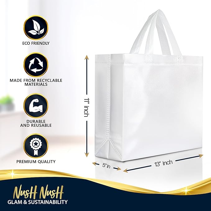 Nush Nush Large White Gift Bags Bulk - Set of 30 Reusable White Gift Bags Large Size With Handles - For Small Business Use, Wedding Gifts, Birthday Party Favor, Christmas, Holidays - 13x5x11 Size