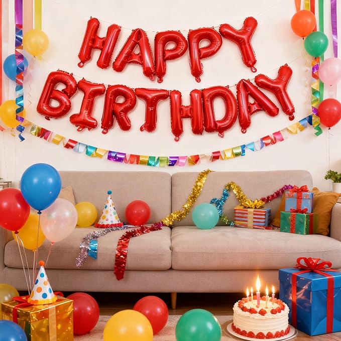 Red Happy Birthday Balloon Banner -16 Inch Mylar Foil Letters Balloons, Reusable Birthday Decorations and Party Supplies, Suitable for Men and Women's Birthday Decorations๏ผParty Backdrop