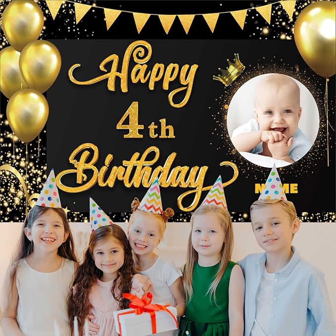 Custom Happy 4th Birthday Decorations Banner -4 Years Old Birthday Decorations Backdrop for Women Men Boys Girls - Personalization Happy 4th Birthday Party Decorations Supplies - Black and Gold