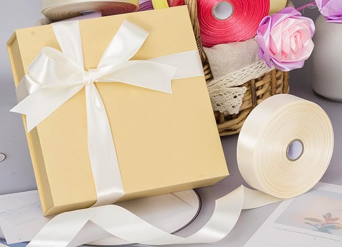 YASEO 1 Inch Ivory Solid Satin Ribbon, 50 Yards Craft Fabric Ribbon for Gift Wrapping Floral Bouquets Wedding Party Decoration