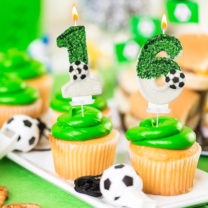 Birthday Candles,Soccer Birthday Decorations,Soccer Cake Topper,for Girl and boy Cake Toppers, Wedding Cakes, Anniversaries, Party Celebrations, Birthday Decorations (Green White, Number 6)