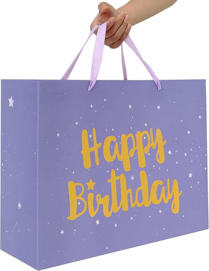 Qirrmiy 16.5” Extra Large Purple Happy Birthday Gift Bag Set with Handles, Greeting Card, Tissue Papers and Stickers for Women Girls Kids, Stars Design, 1 Pcs.