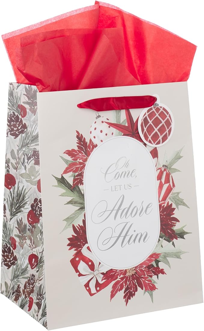 Christian Art Gifts Large Portrait Inspirational Scripture Christmas Gift Bag, Tag & Wrapping Tissue Paper Set for Men & Women: Let Us Adore Him, Sturdy Satin Ribbon Handles, Beige & Red Poinsettia