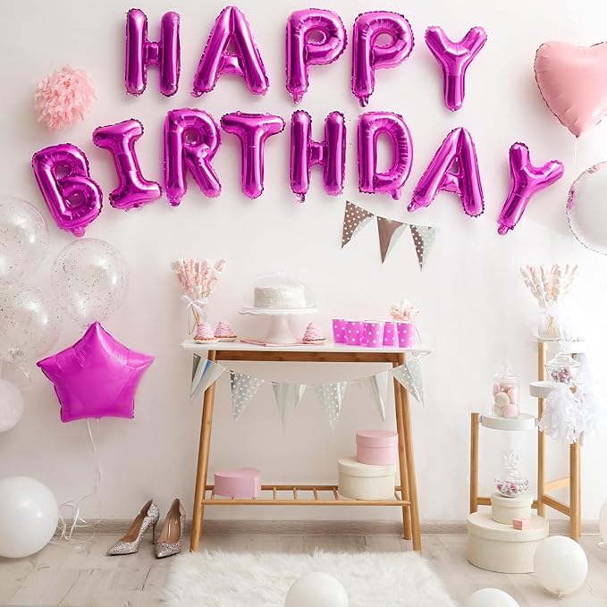 Hot Pink Happy Birthday Balloon Banner, 16 Inch Foil Mylar Happy Birthday Balloons Letters, Reusable Happy Birthday Sign, Hot Pink Birthday Decorations for Women and Girls