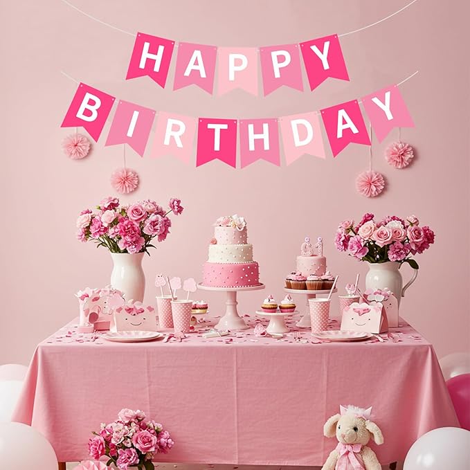 Happy Birthday Banner Pre-Strung Birthday Decorations Birthday Party Backdrop Sign Garland Party Supplies for Women Men Boys Girls,NO-DIY Pink
