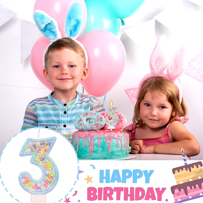 Birthday Candles - Number 3 Candle, Colorful Macaron Candles for Boys/Girls, Blue Cake Decorations, Theme Party Supplies