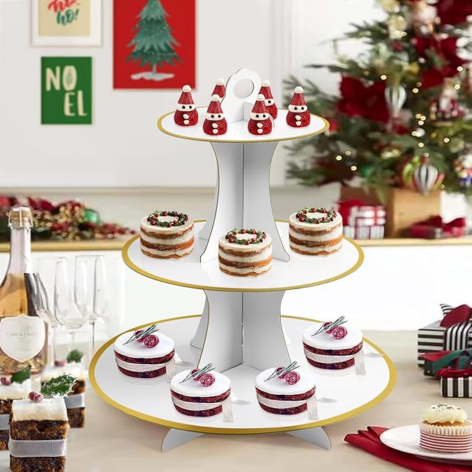 Soleebee 3-Tier Round Cupcake Stand, Cardboard Cupcake Tower, Dessert Cup Cake Stand Tower for Birthday Wedding Party Decoration, Cupcake Tier Stand 1 Set (White Gold)