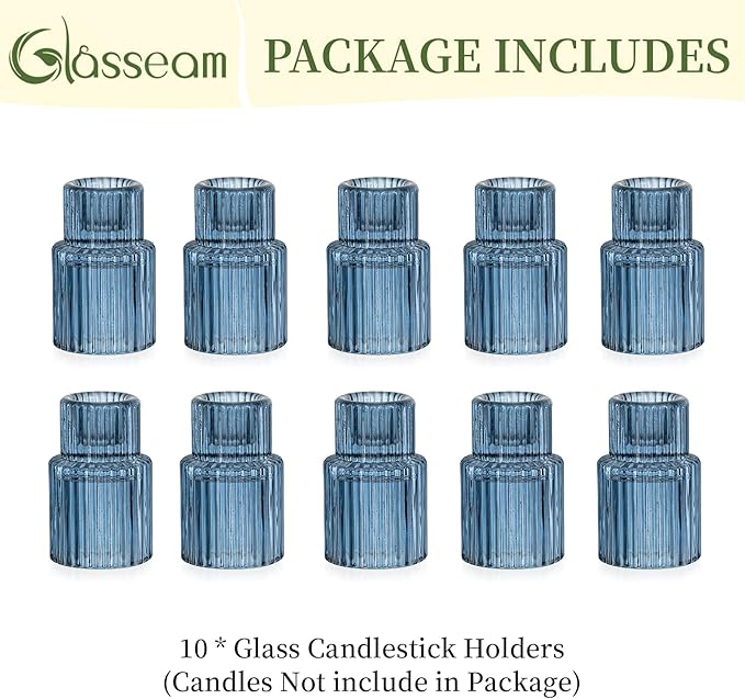 Glasseam Candle Sticks Holder Decor: 10 Pcs Ribbed Blue Glass Candle Holder Modern Fluted Taper Candle Holders Bulk for Table Centerpiece Wedding Decorations Dinner Party Home Decor