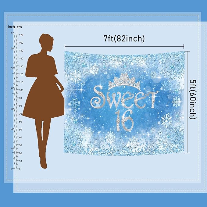 Mocsicka Winter Sweet 16th Backdrop Winter Wonderland Silver Snowflake Crown Sixteen Birthday Party Decoration Ice Blue Girl Birthday Banner Portrait Photoshoot Background (Blue, 10x7ft(120''x82''))