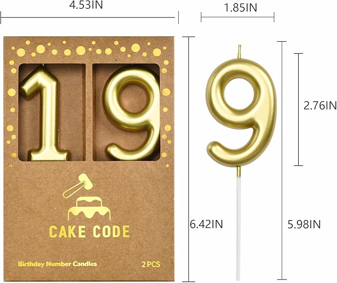 2.76 Inch Classical Gold 19 Number Birthday Candles, Gold Number Candles, Cake Number Candles, Party Celebration