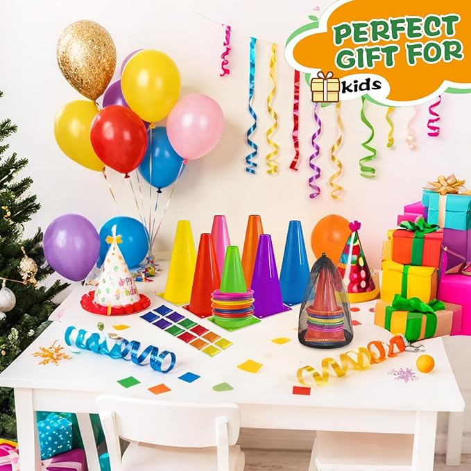 3-in-1 Ring Toss Game Set with Cones, Bean Bags and Rings, 34 Pieces, Multicolor Plastic Carnival Games for Kids Birthday and Family Party, Outdoor Yard Game