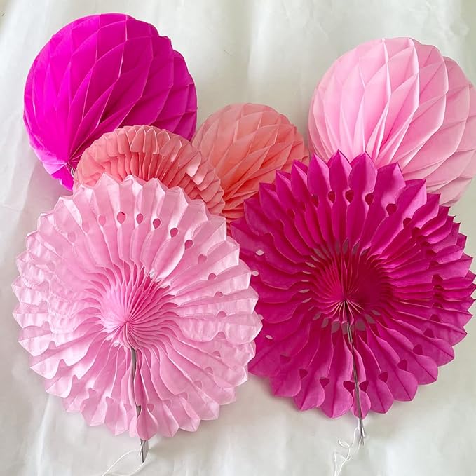12pcs 6'' 8'' Honeycomb Balls Tissue Paper Fans Party Honeycomb Ball Fans Wall Decorations Tissue Pom Poms Flower Balls Hanging Paper Fans for Party Baby Shower Birthday Wedding Nursery (Pink kit)