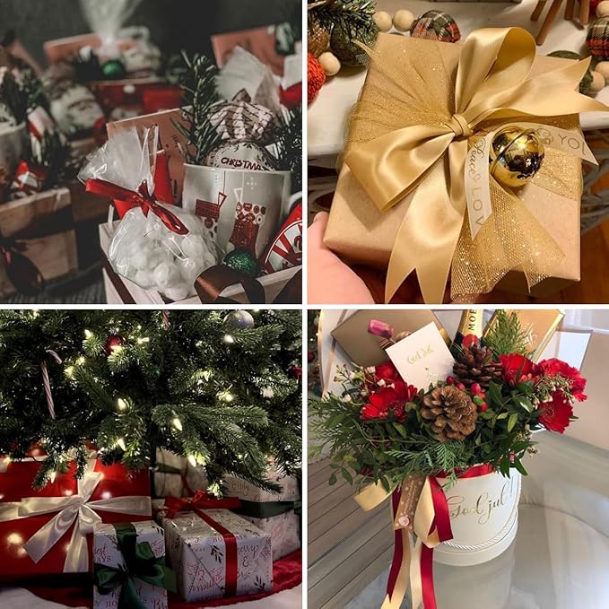 Gold Christmas Ribbon, Gold Burgundy Satin Ribbon 3/8 Inch 50 Yards Fabric Ribbons for Christmas Party Decorations, Gift Wrapping, Tree Ornaments, Bouquets, Door Wreaths, Bows Making and DIY Crafts